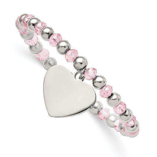 Chisel Brand Jewelry, Stainless Steel Polished with Pink Glass Beads Heart Dangle Stretch Bracelet