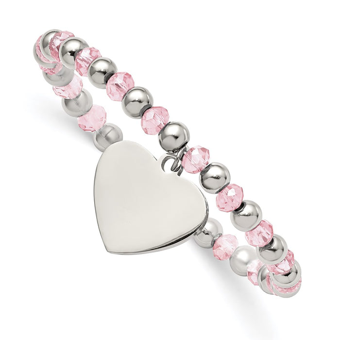 Chisel Brand Jewelry, Stainless Steel Polished with Pink Glass Beads Heart Dangle Stretch Bracelet