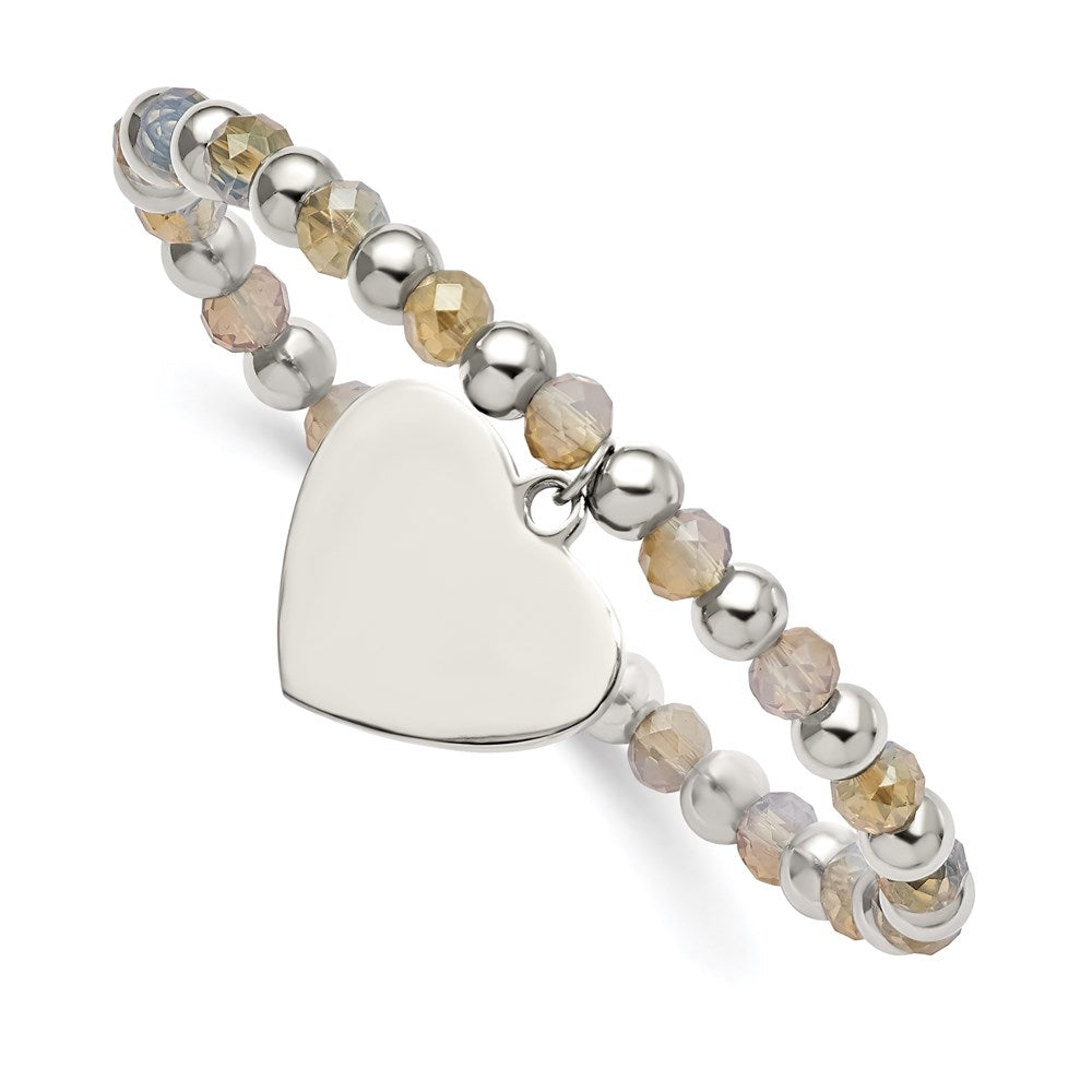 Chisel Brand Jewelry, Stainless Steel Polished with Glass Beads Heart Dangle Stretch Bracelet