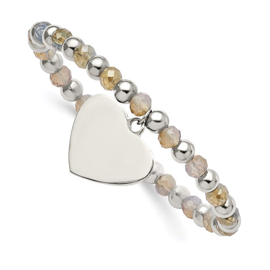 Chisel Brand Jewelry, Stainless Steel Polished with Glass Beads Heart Dangle Stretch Bracelet