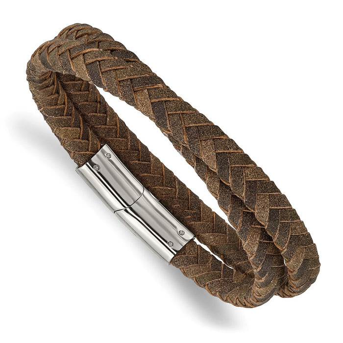 Chisel Brand Jewelry, Stainless Steel Polished Brown Leather 14.75in Wrap Bracelet