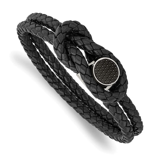 Chisel Brand Jewelry, Stainless Steel Polished Black Carbon Fiber Inlay Black Leather 8.5in Brace