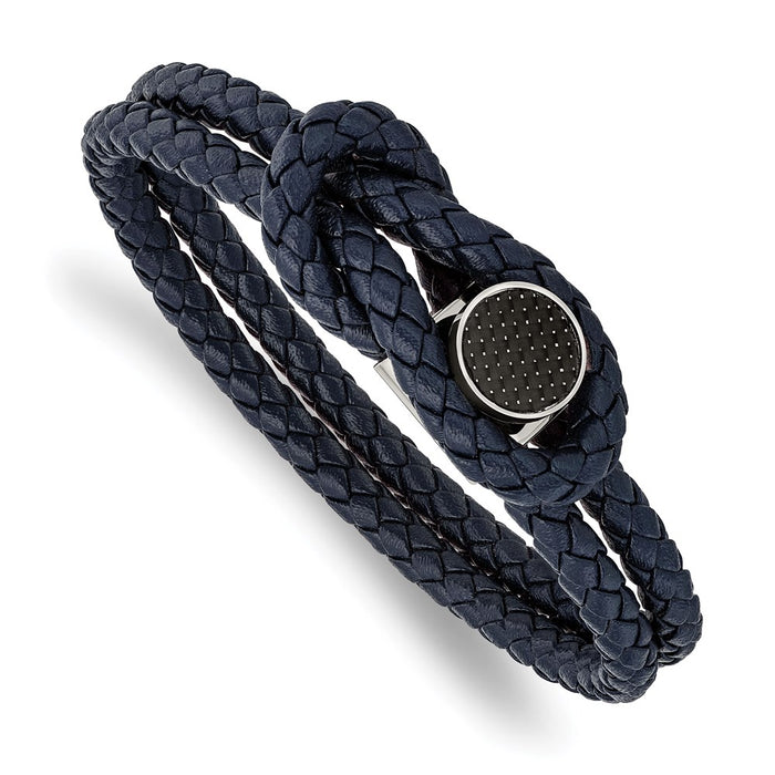 Chisel Brand Jewelry, Stainless Steel Polished with Carbon Fiber Inlay Navy Leather 8.5in Men's Bracelet