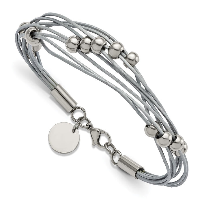 Chisel Brand Jewelry, Stainless Steel Polished Beaded Multi-Strand Grey Leather 8in Bracelet