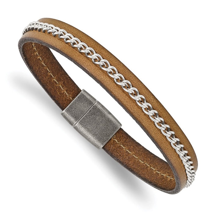 Chisel Brand Jewelry, Stainless Steel Antiqued Brushed & Polished Brown Leather & Chain Men's Bracelet