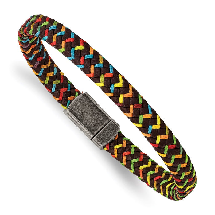 Chisel Brand Jewelry, Stainless Steel Antiqued Brown Leather with Multi-colored Nylon Bracelet