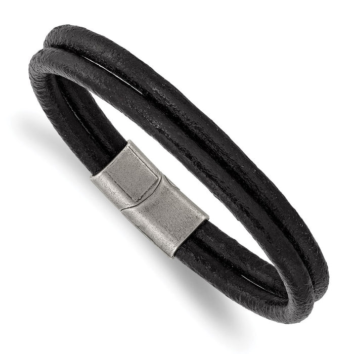 Chisel Brand Jewelry, Stainless Steel Antiqued Black Leather 2-Strand 8.25in Men's Bracelet