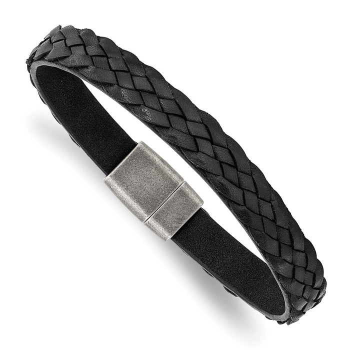 Chisel Brand Jewelry, Stainless Steel Antiqued Black Braided Leather 8.25in Men's Bracelet