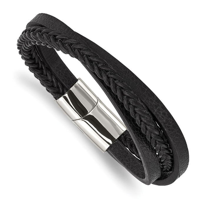 Chisel Brand Jewelry, Stainless Steel Polished Black Leather Multi-Strand 8.25in Men's Bracelet