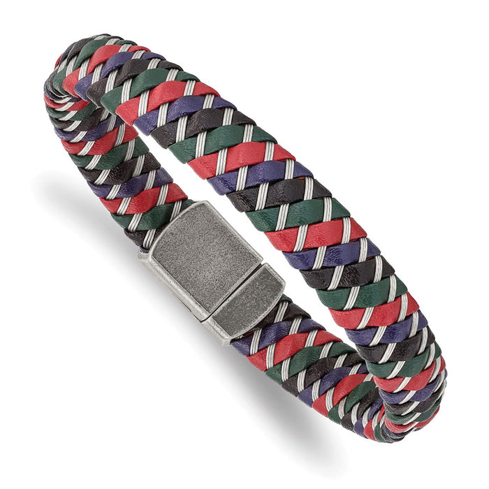 Chisel Brand Jewelry, Stainless Steel Antiqued & Polished Multi-Color Leather with Wire Men's Bracelet