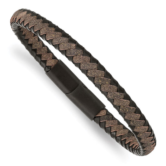 Chisel Brand Jewelry, Stainless Steel Brushed Black IP-plated Black/Brown Leather 8.25in Men's Bracelet
