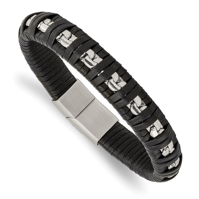 Chisel Brand Jewelry, Stainless Steel Polished Black Leather with Chain 8.25in Men's Bracelet