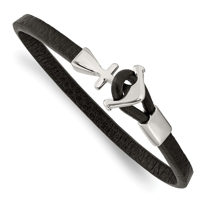 Chisel Brand Jewelry, Stainless Steel Nautical Polished Anchor Black Leather 8in Bracelet