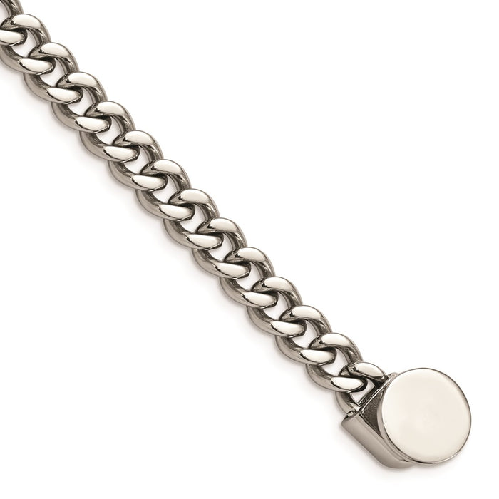 Chisel Brand Jewelry, Stainless Steel Polished Curb Chain with Black Leather Hook 8.25in Bracelet