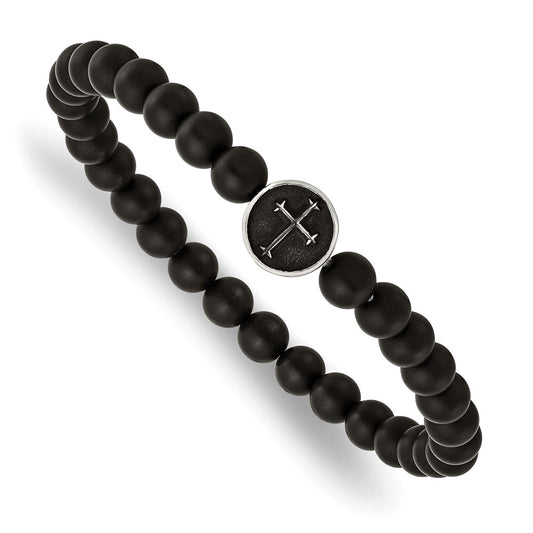 Chisel Brand Jewelry, Stainless Steel Antiqued & Polished Black Agate Cross Stretch Bracelet