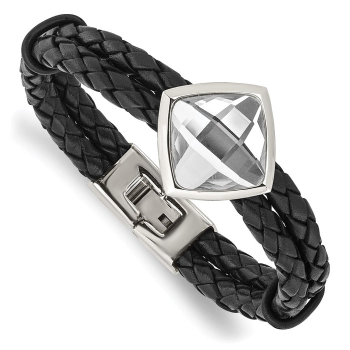 Chisel Brand Jewelry, Stainless Steel Polished with Glass Stone Braided Leather 8in Bracelet