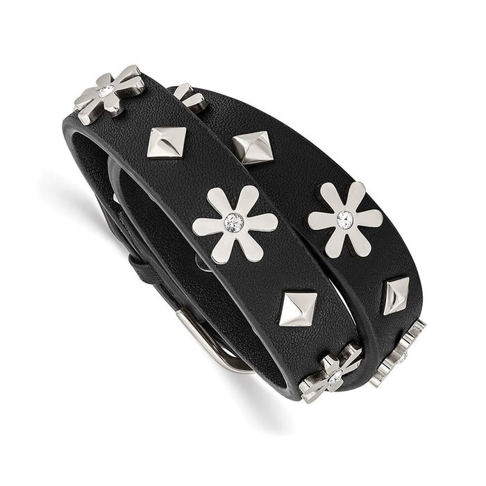 Chisel Brand Jewelry, Stainless Steel Polished with Swarovski Flower Studded Leather Adj. Bracelet