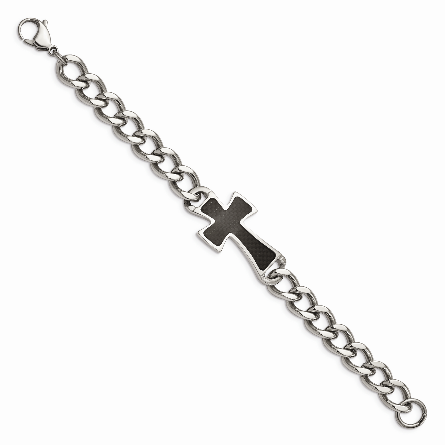 Chisel Brand Jewelry, Stainless Steel Polished Black Carbon Fiber Inlay Cross 8.5in Bracelet
