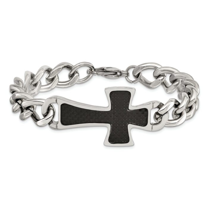 Chisel Brand Jewelry, Stainless Steel Polished Black Carbon Fiber Inlay Cross 8.5in Bracelet