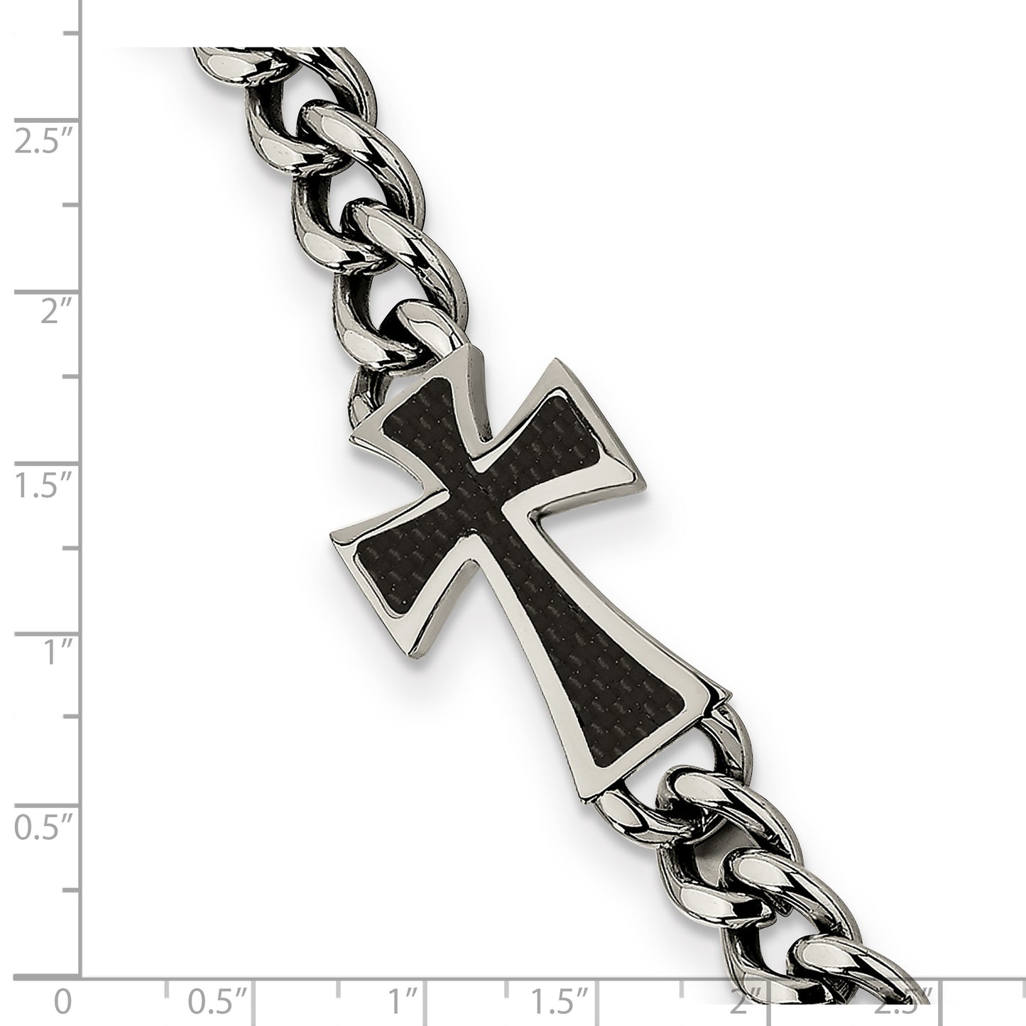 Chisel Brand Jewelry, Stainless Steel Polished Black Carbon Fiber Inlay Cross 8.5in Bracelet