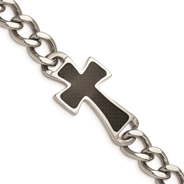 Chisel Brand Jewelry, Stainless Steel Polished Black Carbon Fiber Inlay Cross 8.5in Bracelet