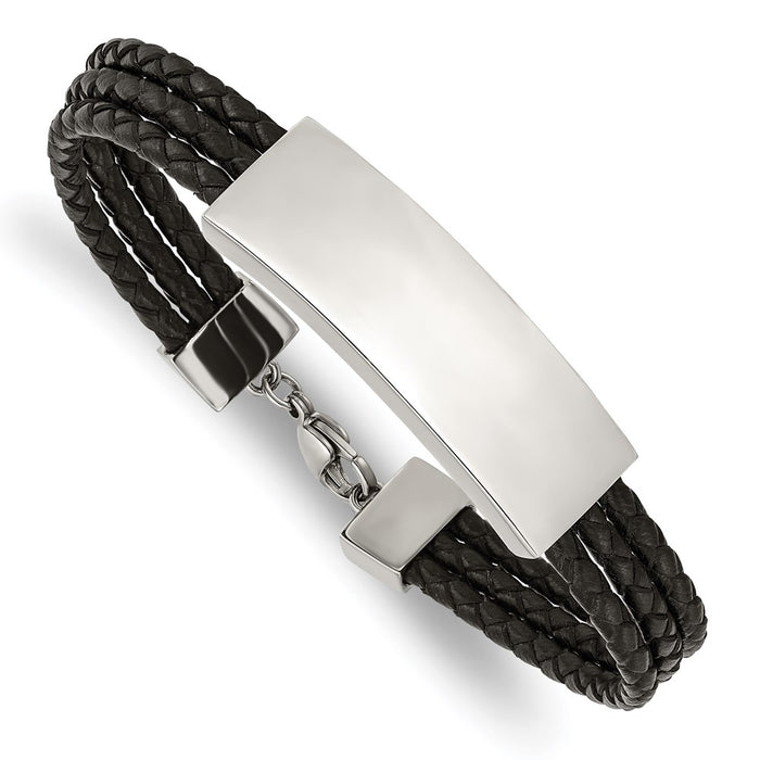 Chisel Brand Jewelry, Stainless Steel Polished Black Leather Multi Strand 8in ID Bracelet