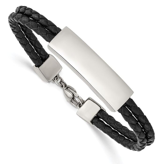 Chisel Brand Jewelry, Stainless Steel Polished Black Leather 2 Strand 7in ID Bracelet