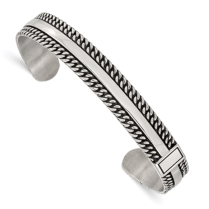 Chisel Brand Jewelry, Stainless Steel Antiqued and Polished 10mm Cuff Bangle