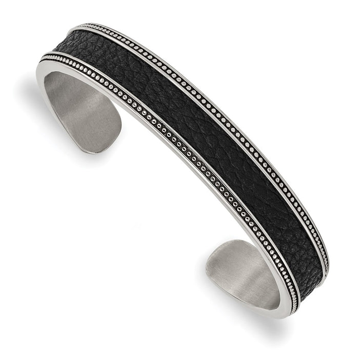 Chisel Brand Jewelry, Stainless Steel Antiqued & Polished with Textured Leather Inlay 12mm Bangle