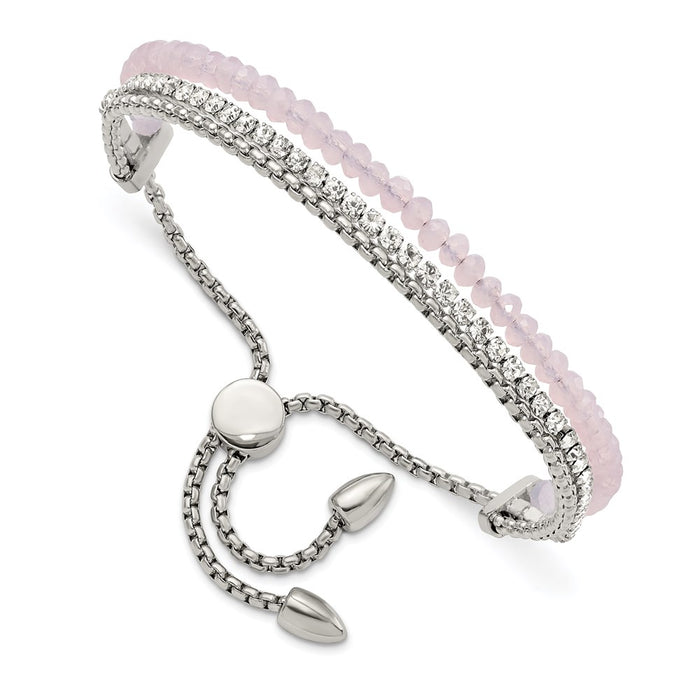 Chisel Brand Jewelry, Stainless Steel Polished with Pink and White Crystal Adjustable Bracelet