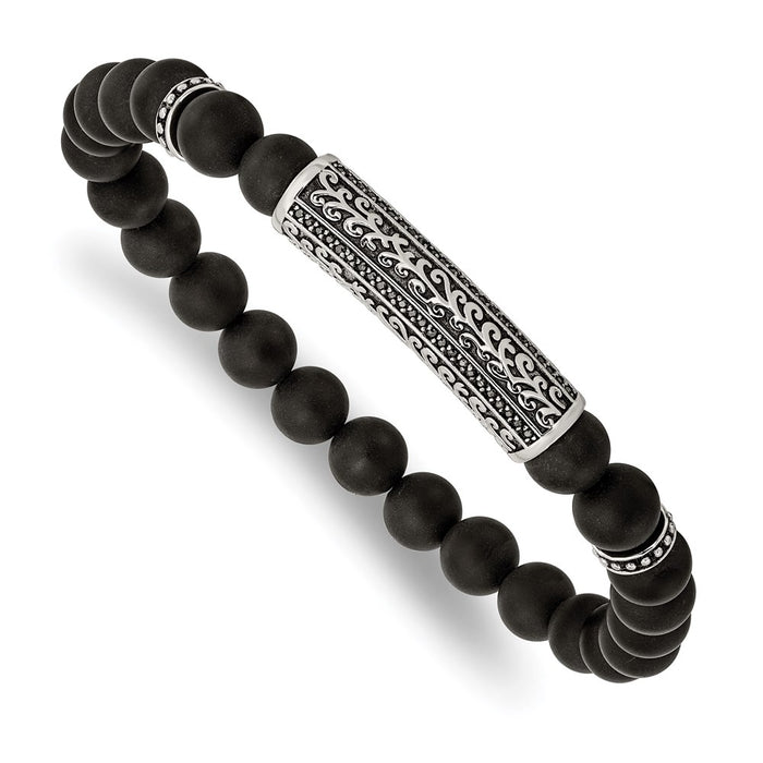Chisel Brand Jewelry, Stainless Steel Antiqued & Polished with Black CZ & Agate Stretch Bracelet
