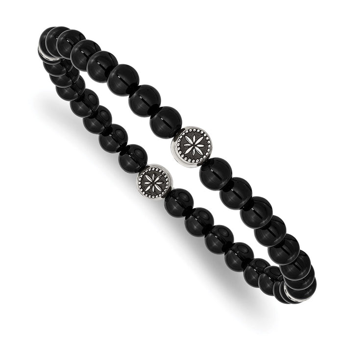 Chisel Brand Jewelry, Stainless Steel Antiqued & Polished Black Agate Beaded Stretch Bracelet