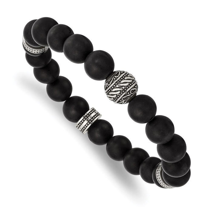 Chisel Brand Jewelry, Stainless Steel Antiqued and Polished Black Agate Beaded Stretch Bracelet