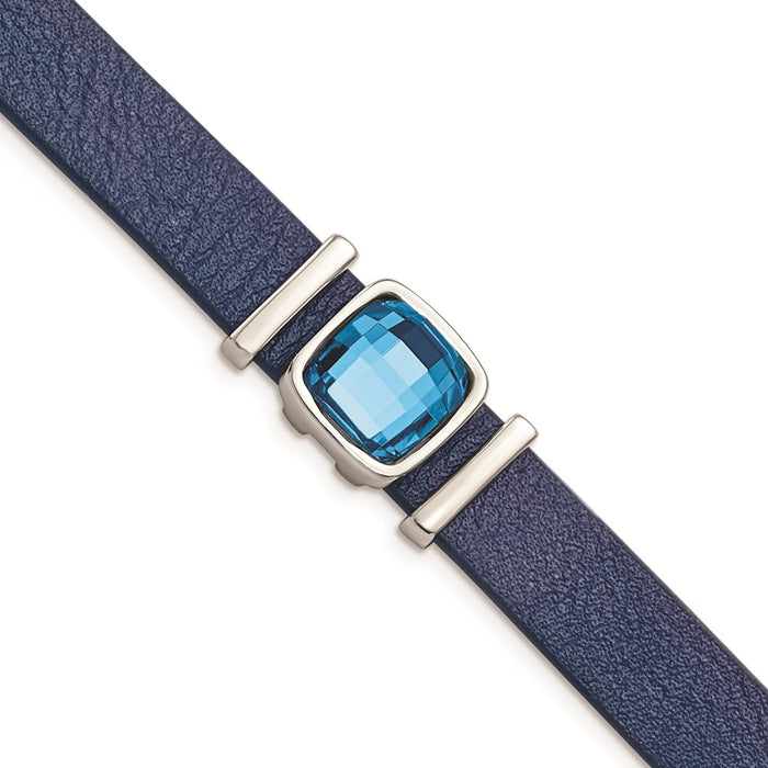 Chisel Brand Jewelry, Stainless Steel Polished Blue Leather with Crystal with 1.25in ext 7in Bracelet