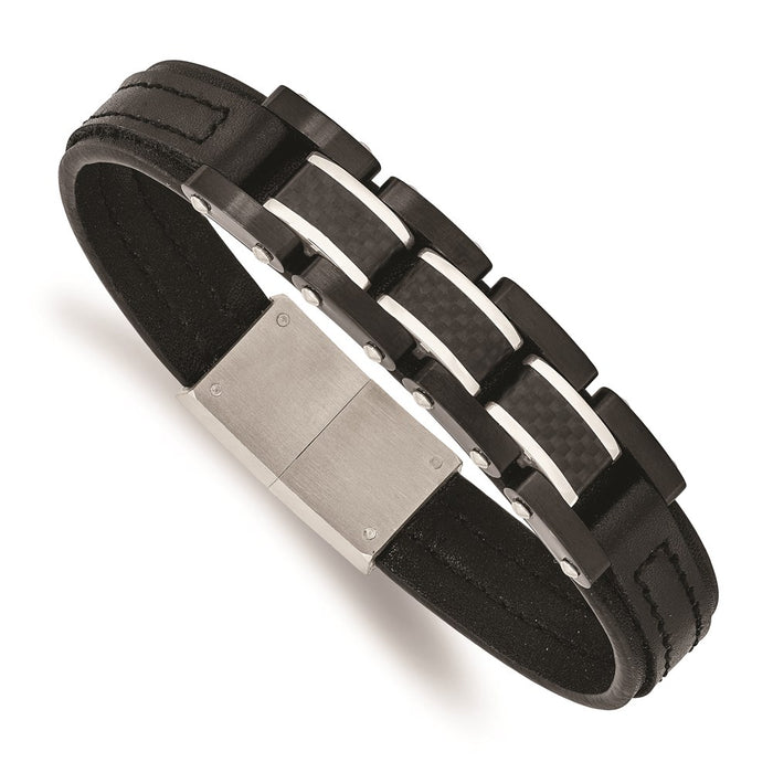 Chisel Brand Jewelry, Stainless Steel Brushed & Polished Black IP Carbon Fiber Leather Men's Bracelet