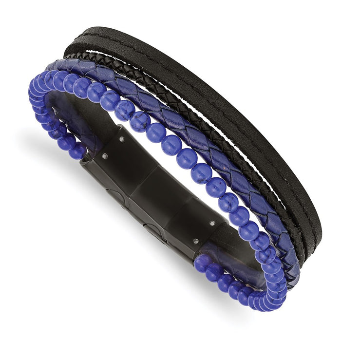 Chisel Brand Jewelry, Stainless Steel Polished Black IP with Lapis Leather with .5in ext Bracelet