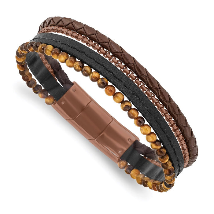 Chisel Brand Jewelry, Stainless Steel Polished Brown IP with Tiger's Eye Leather with .5in ext Bracele