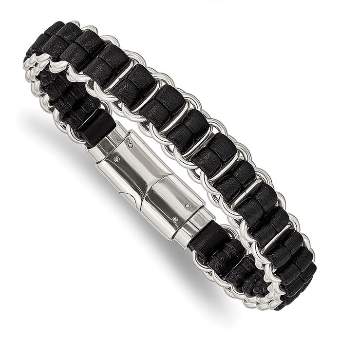 Chisel Brand Jewelry, Stainless Steel Polished Black Leather 8.5in Men's Bracelet