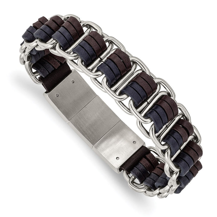 Chisel Brand Jewelry, Stainless Steel Polished with Blue and Brown Leather with .5in ext 8in Bracelet