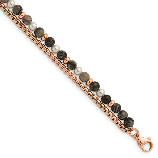 Chisel Brand Jewelry, Stainless Steel Polished Rose IP with Picasso Jasper with 1in ext 6.5in Bracelet