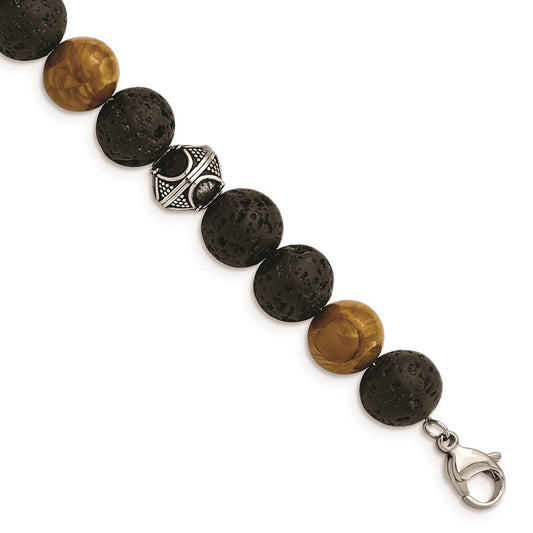 Chisel Brand Jewelry, Stainless Steel Antiqued 9.5-10mm Lava/Red Wood Stone with 1in ext Bracelet