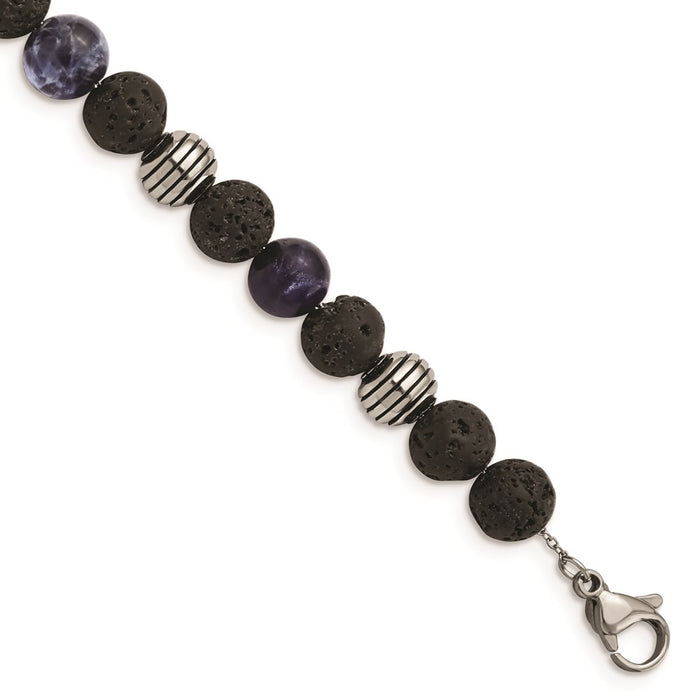 Chisel Brand Jewelry, Stainless Steel Antiqued & Polished Lava Stone/Sodalite with 1in ext Bracelet