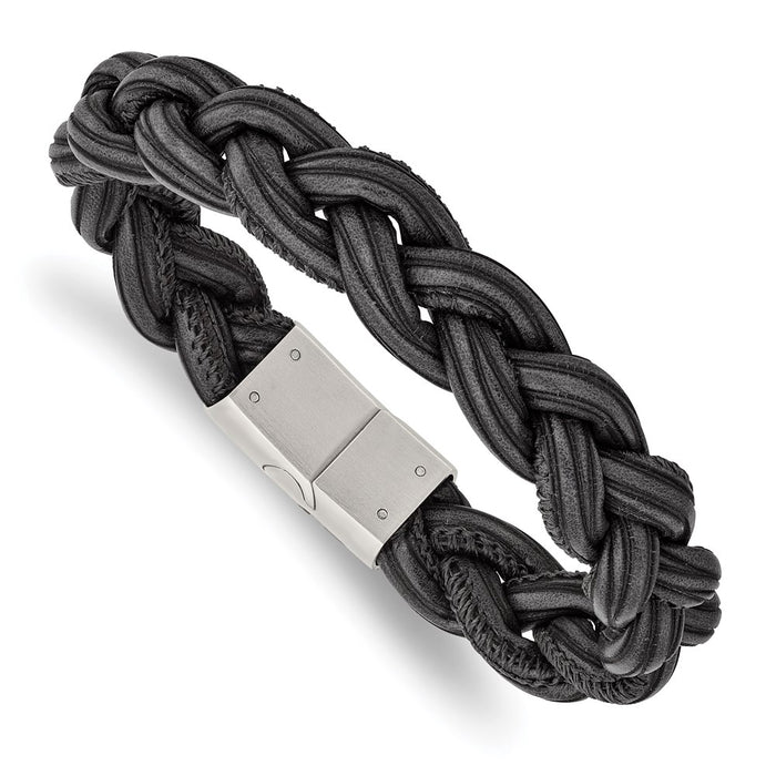 Chisel Brand Jewelry, Stainless Steel Brushed Black Braided Faux Leather 8.25in Bracelet