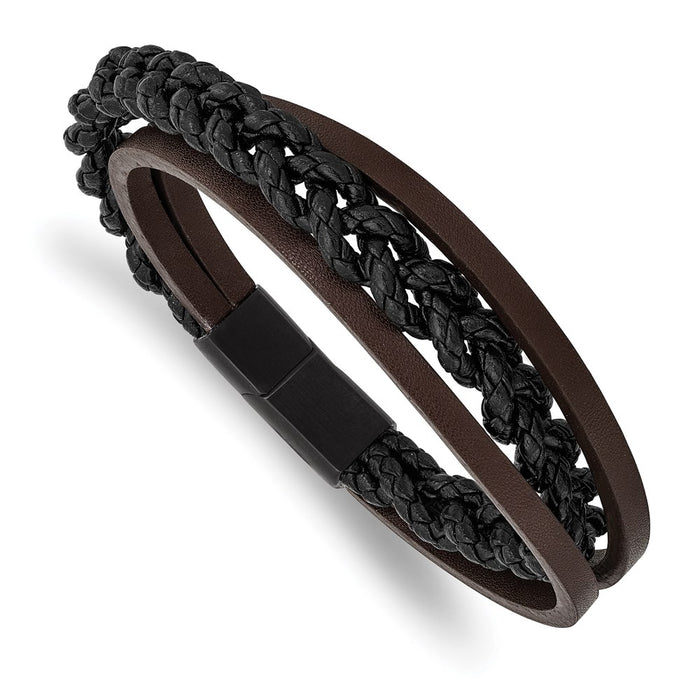 Chisel Brand Jewelry, Stainless Steel Brushed Black IP Multi Strand Black/Brown Leather Men's Bracelet