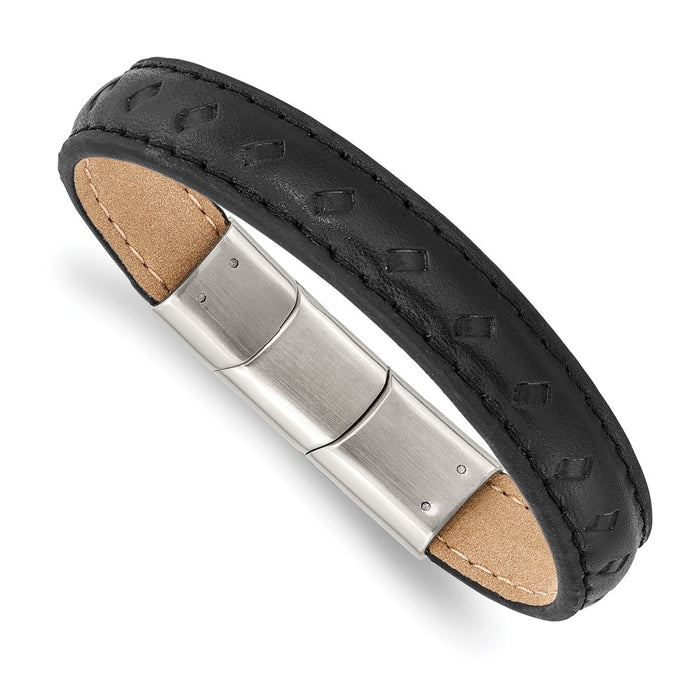 Chisel Brand Jewelry, Stainless Steel Polished Black Leather with .5in ext 7.75in Bracelet