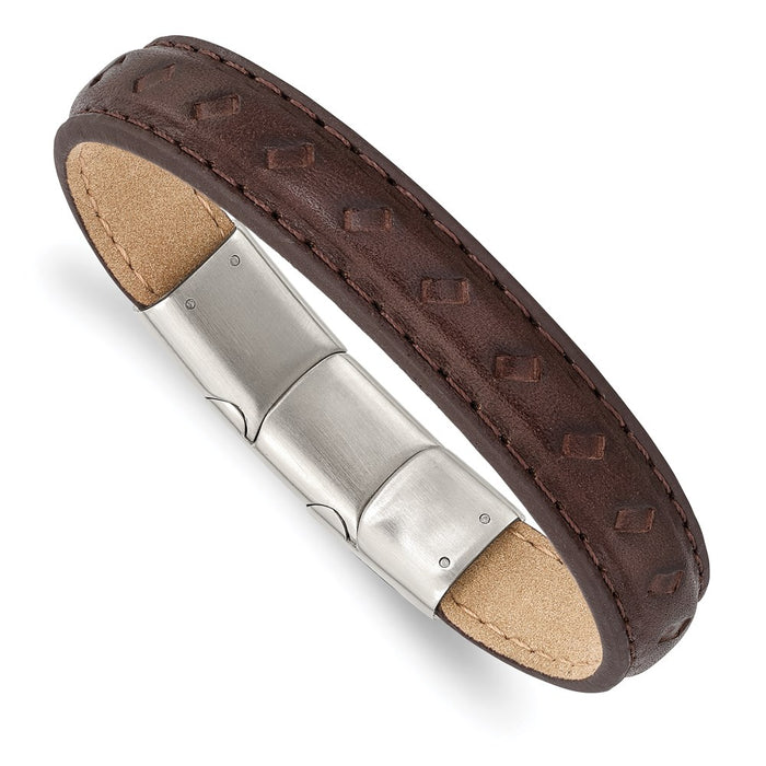 Chisel Brand Jewelry, Stainless Steel Polished Brown Leather with .5in ext 7.75in Bracelet