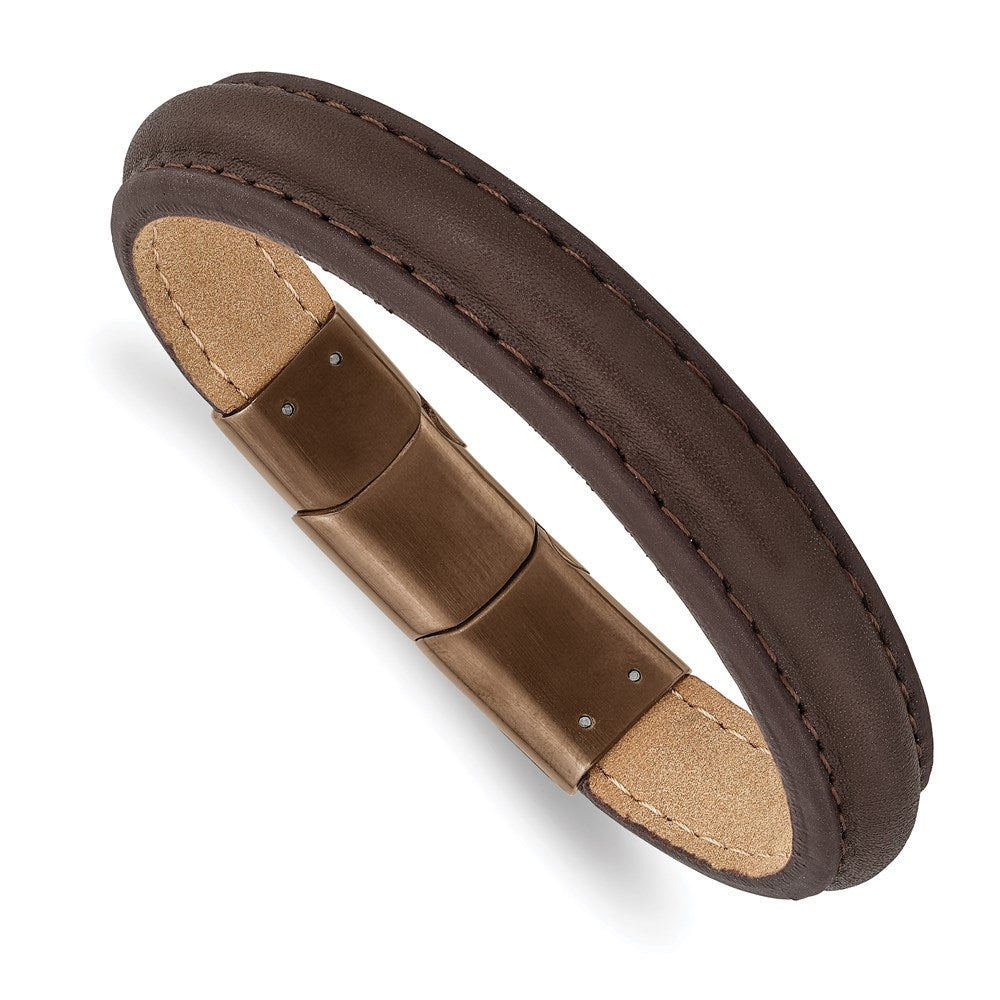 Chisel Brand Jewelry, Stainless Steel Polished Rose IP Brown Leather with .5in ext 7.75in Bracelet