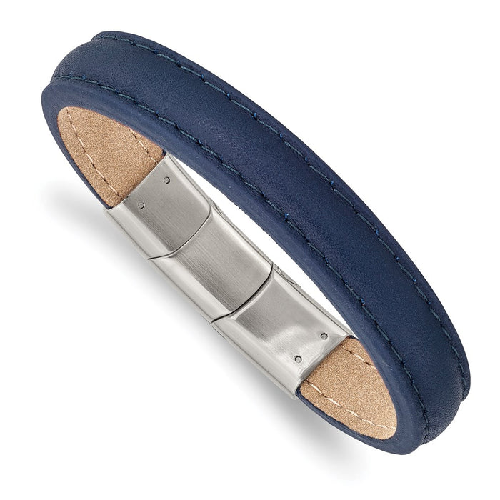 Chisel Brand Jewelry, Stainless Steel Polished Blue Leather with .5in ext 7.75in Bracelet