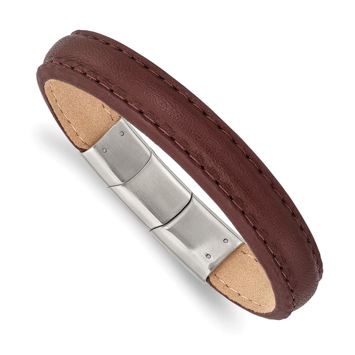 Chisel Brand Jewelry, Stainless Steel Polished Brown Leather with .5in ext 7.75in Bracelet