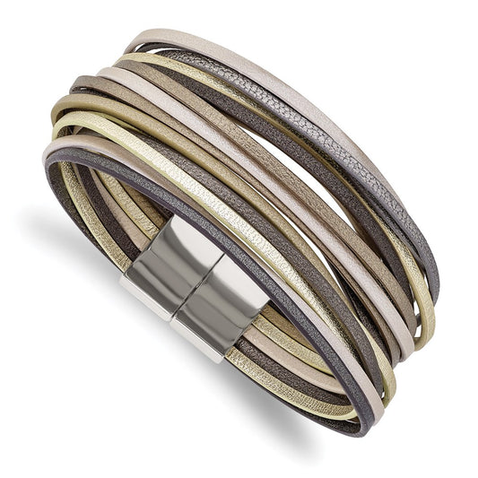Chisel Brand Jewelry, Stainless Steel Polished Multi Strand Metallic Faux Leather 7.25in Bracelet